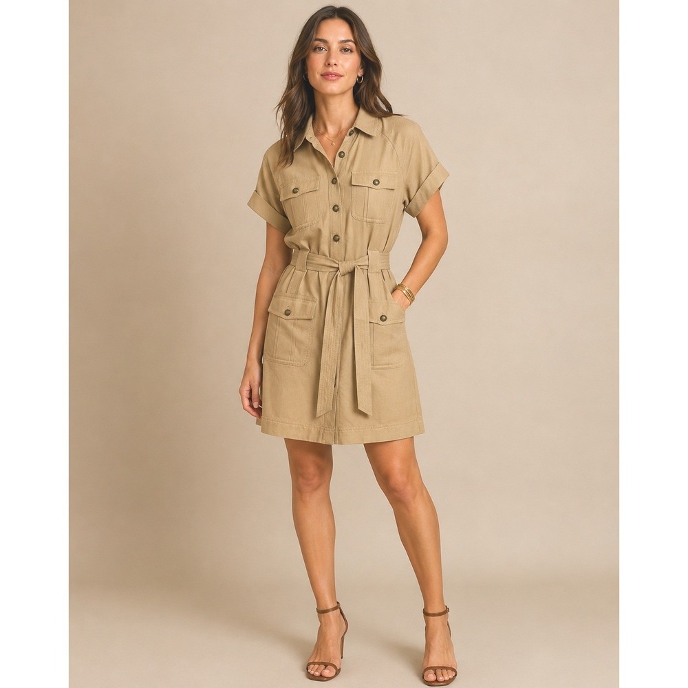 Diane von Furstenberg Silk Linen Tan Safari Utility Belted Shirt Dress Size 8